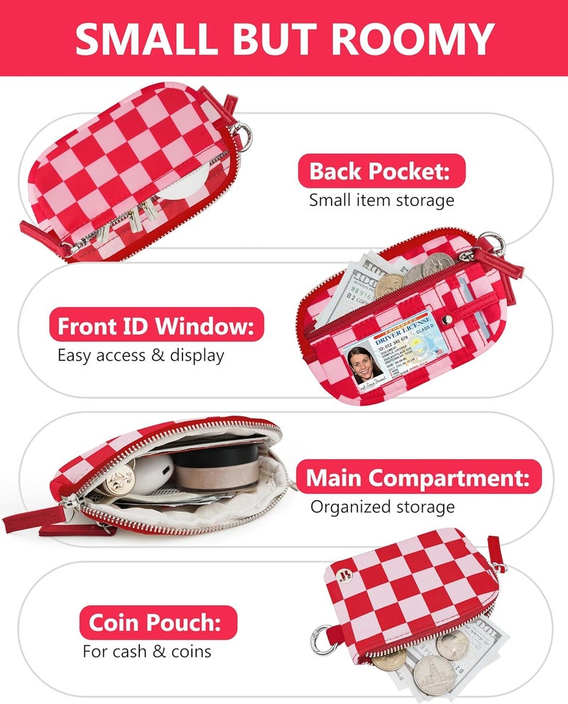 Sunpour Store Nylon Wallet Wristlet for Women,RFID Wallet Keychain Women,Small Wallets Woman with Wristlet,Coin Purse & Wrist Strap for Travel (Checkered pink) - Image 3